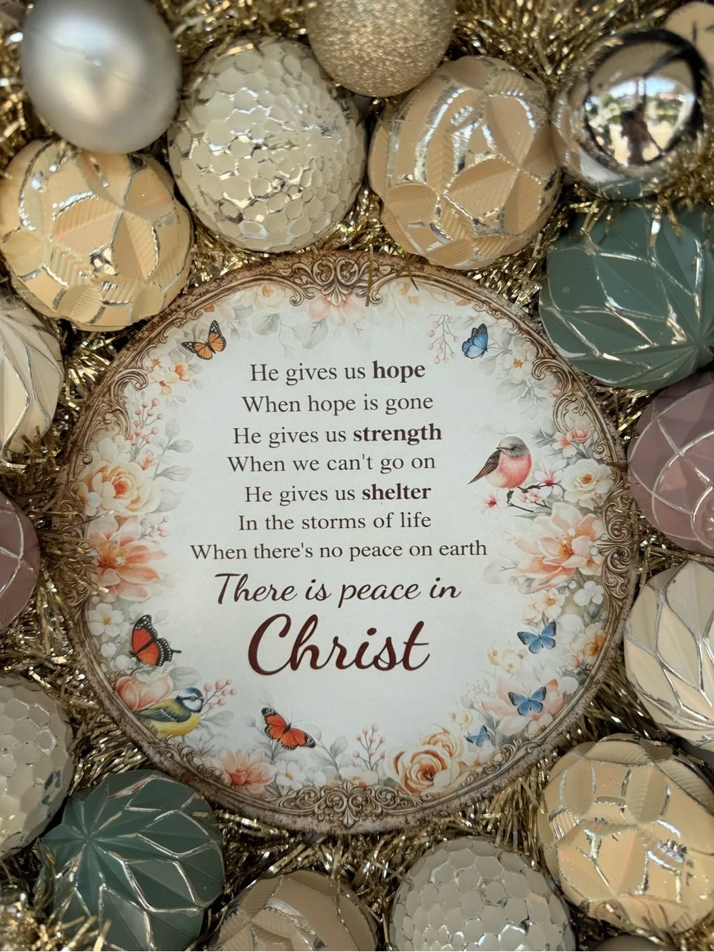 Peace in Christ Holiday Wreath - Pastel Gold Decorative Door Wreath
